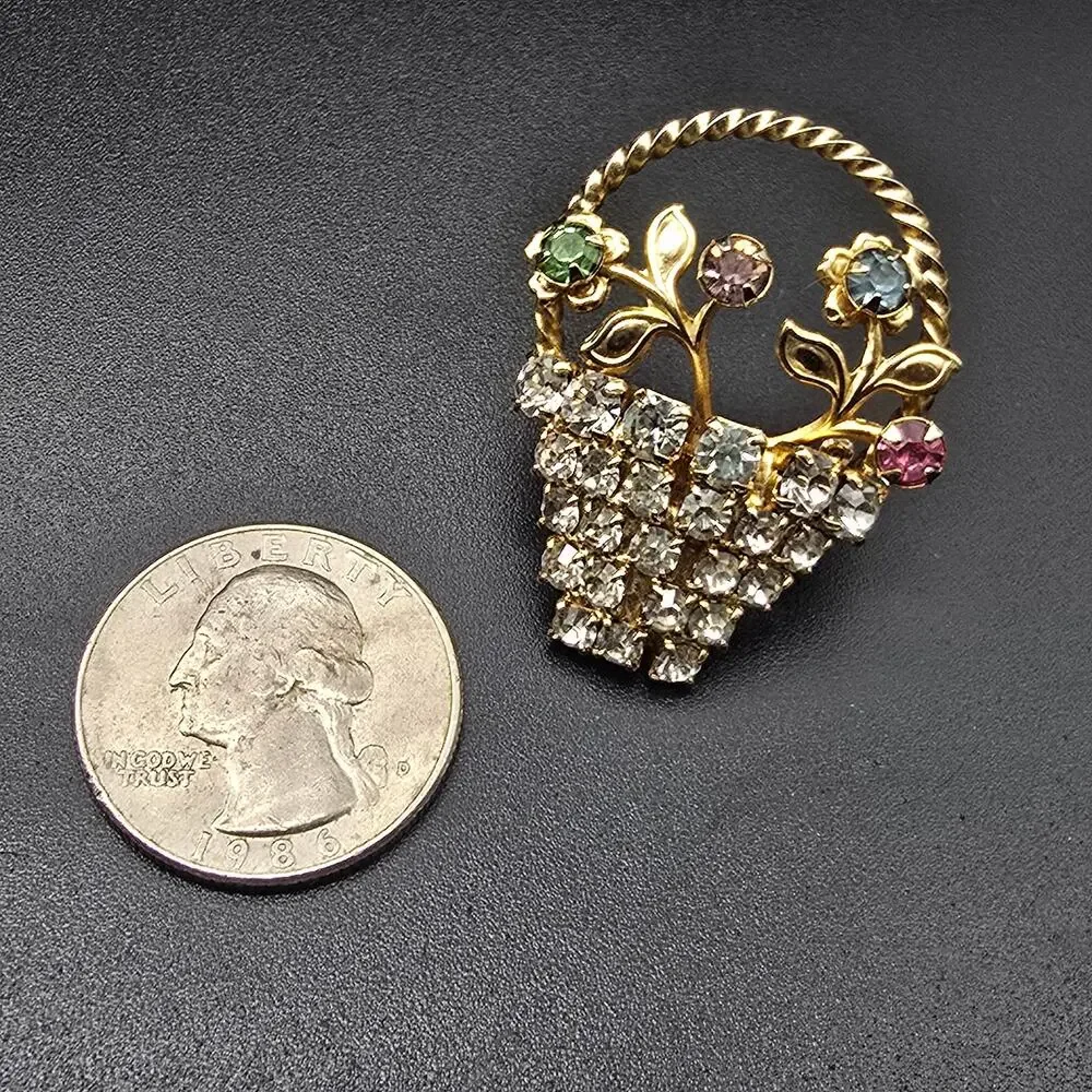 Rhinestone Flower Basket Brooch UV Glow Vintage Costume Jewelry